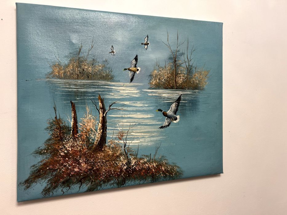 Pictura in ulei pe panza, reprezentând un peisaj liniștit de natură