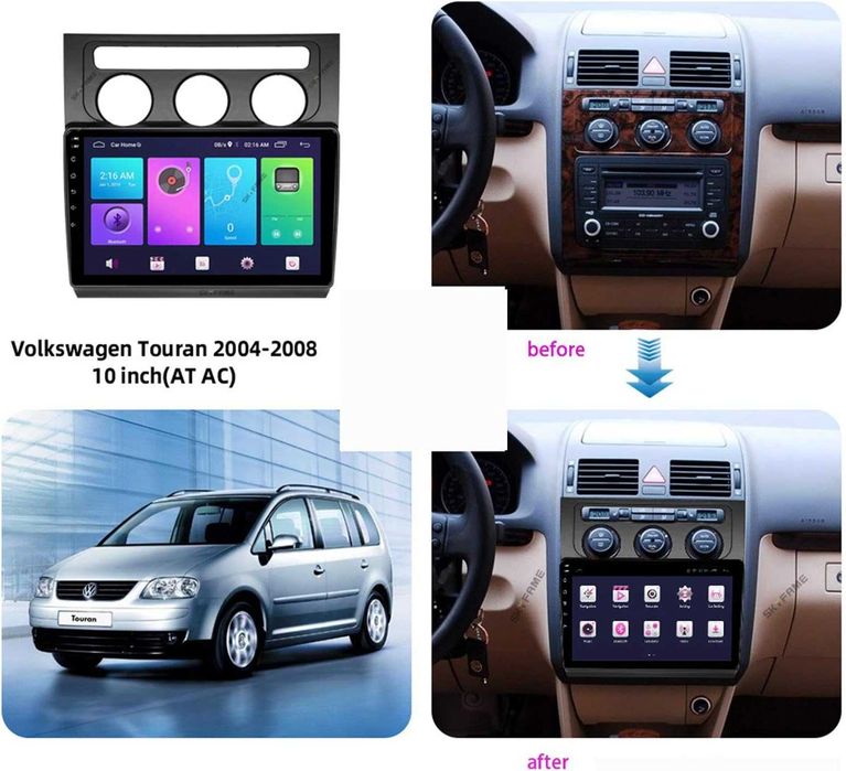 Мултимедия, Двоен дин, за VW Touran, Андроид, 2 DIN, volkswagen, 10”, навигация, Android, Touran, CARPLAY, WAZE