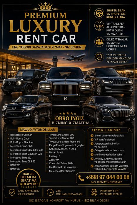 VIP Avtomobil Ijarasi | VIP Transfer | Premium Rent Car Toshkent
