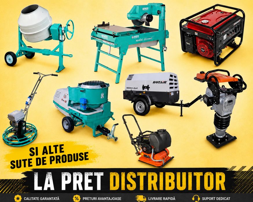 Echipamente IMER: betoniera, pompa tencuit si glet, circular taiat caramida bca lemn, elicopter sapa, mai compacator, compresor generator curent