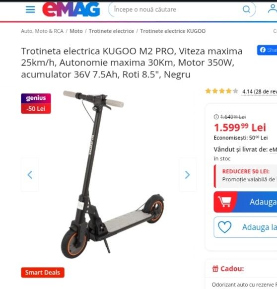 Trotineta Kirin M2 Pro, viteza 25 km/h, autonomie 30 km, motor 350W