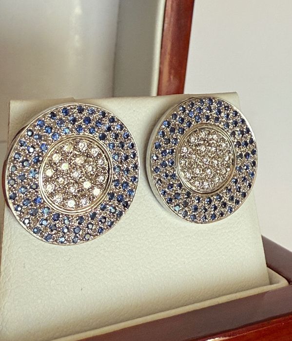 Френски 18К Златни Обеци 11,3г с Диаманти и Сапфири; Топ Оферта!