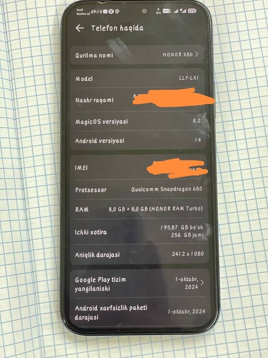 Honor X8b yangi karopa dakument bor