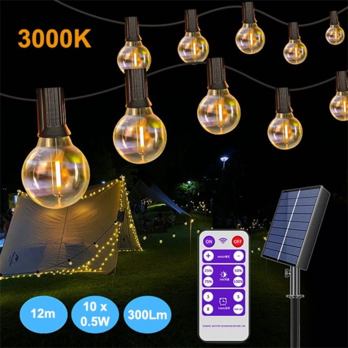 Соларна поредица 10бр. крушки 12м. с дистанционно 3000K