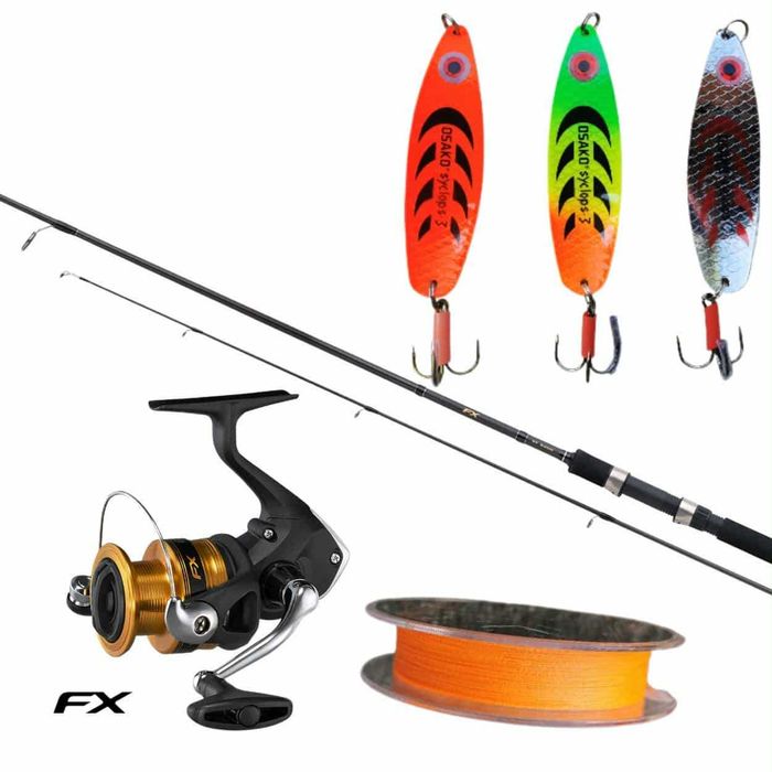 Спининг комплект Shimano -въдица, макара, плетено влакно и блесни