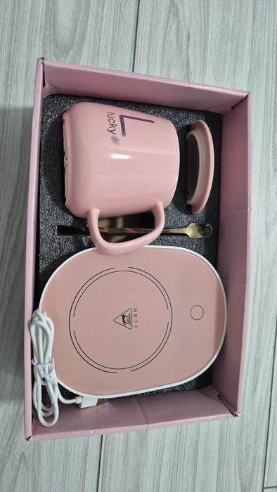 Set cana ceramica cu incalzire scris auriu Lucky 350 ml roz