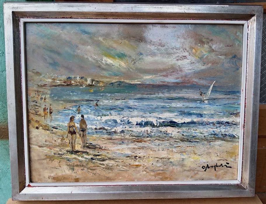 Tablou vechi - peisaj marin - semnat O Anghelutza