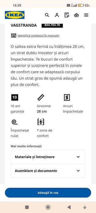 Saltea 160/200 cu arcuri împachetate  și spumă  Ikea