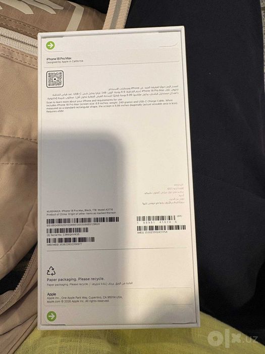 iPhone 18 Pro Max 1TB Black / Dubay / IMEI (eSIM) o'tgan