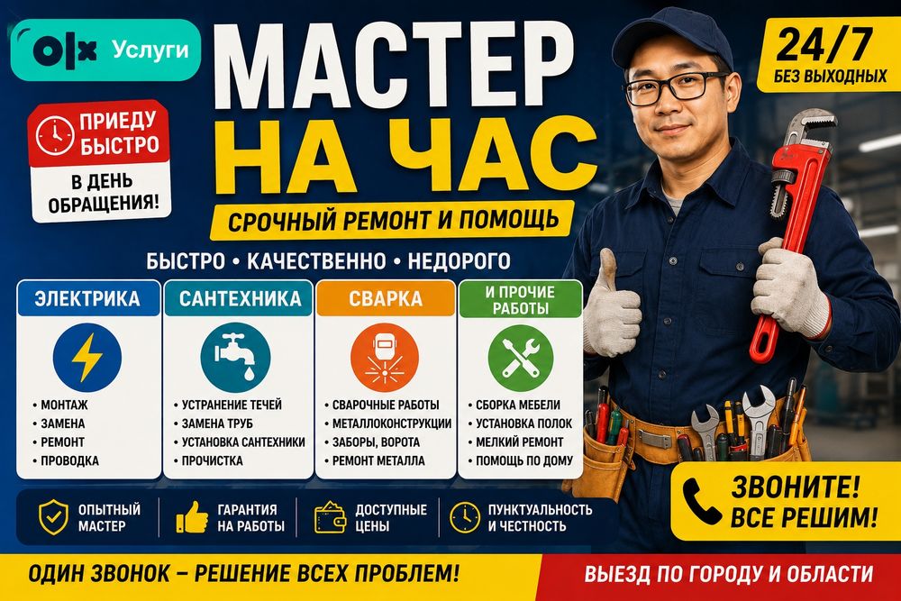 Мастер  на час, электрика и до работы по дому и офису.