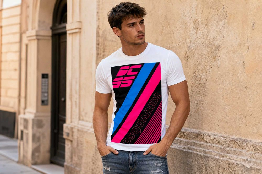Мъжка тениска Dsquared2 „Racing" — бяла, slim fit, неонов рейсинг принт — S L
