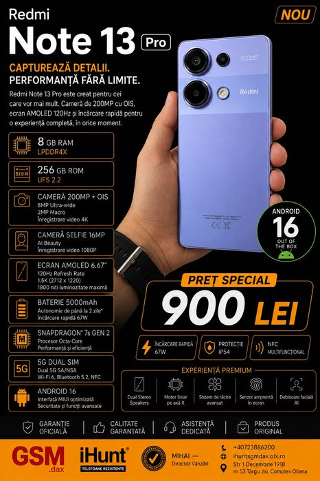 Redmi Note 13 Pro, 8/256 GB, Nou, Garanție