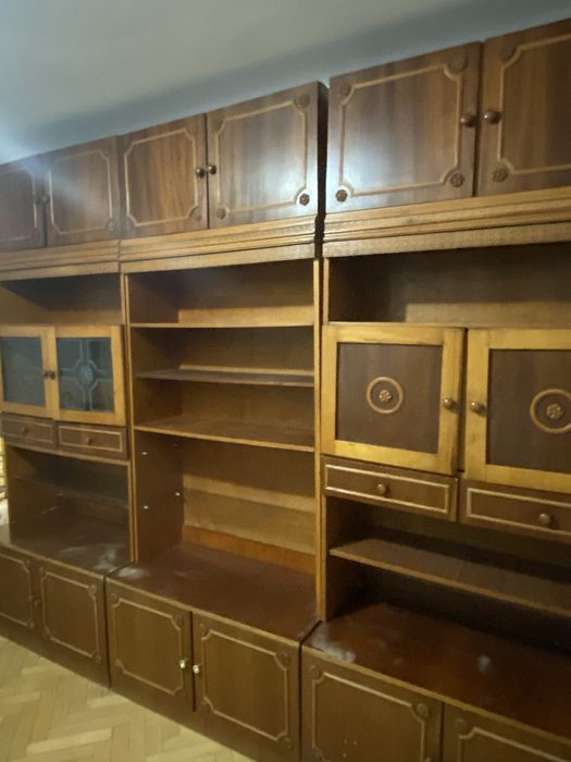 Mobilă sufragerie vintage modulară 9 corpuri, bibliotecă lemn, 276x231 cm
