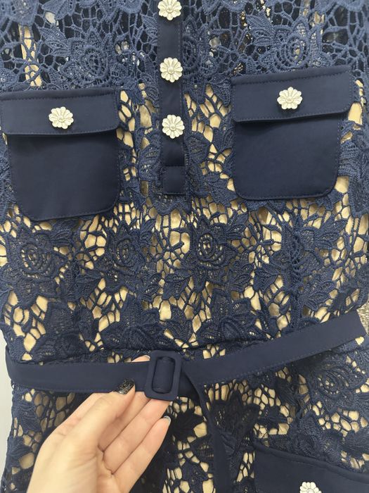 Дамска дантелена тъмно синя рокля