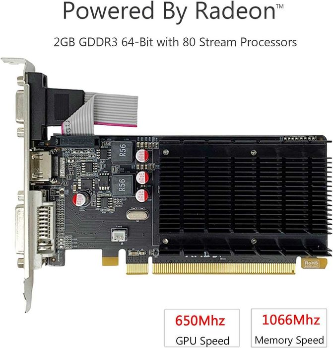 Placa Video QTHREE AMD Radeon HD 5450 2GB GDDR3 64-Bit Low Profile HDMI DVI VGA Racire Pasiva Silentioasa 0dB Low Power Desktop PC SFF 2 Monitoare
