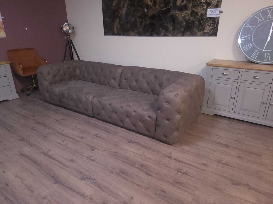 Дизайнерски кафяв кожен диван четворка Честърфийлд