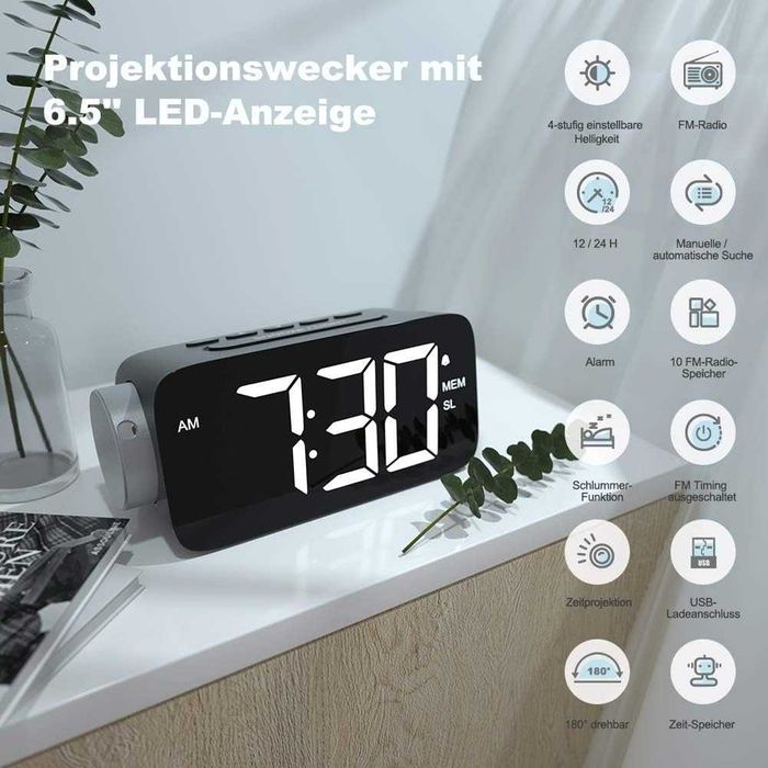 Прожекционен будилник  с FM радио и големи цифри YISSVIC LED
