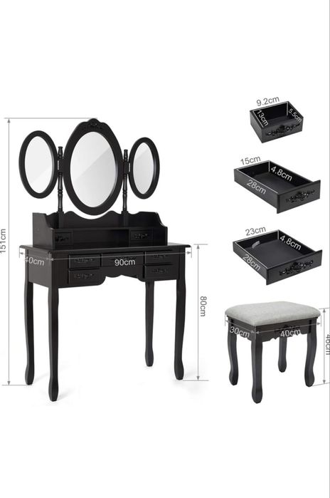 Masă de toaletă-Dressing table cu 3 oglinzi, 7 sertare și taburet, Noua