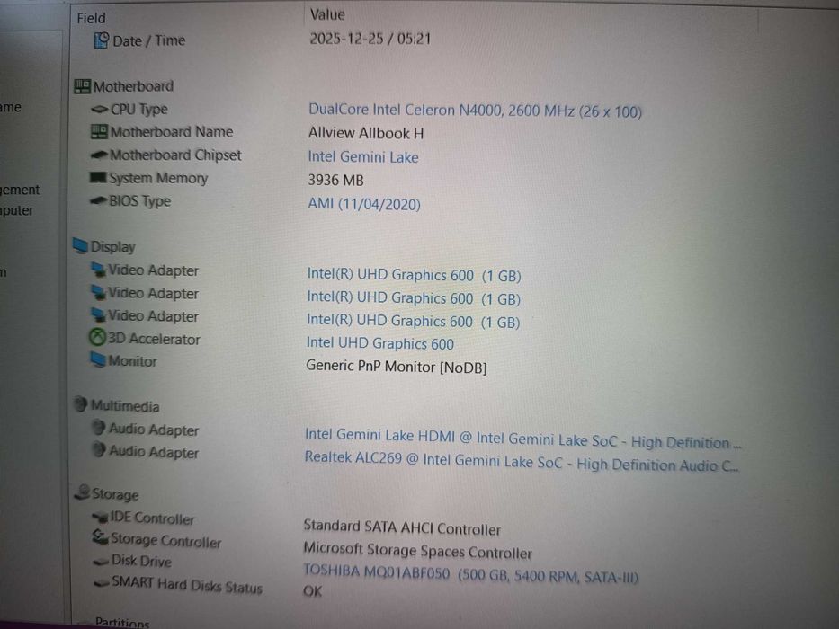 Laptop Allview gen 9, N4000 , 4gb ddr4, hdd 500gb, full hdm UHD 600 1g