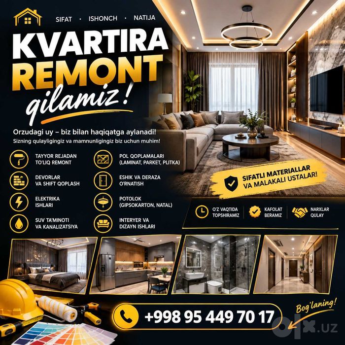KVARTIRA REMONT qilamiz — sifatli va ishonchli!