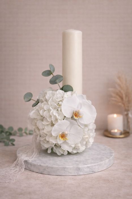 Set nunta/ botez – buchet + lumânare decorate, realizate la comandă