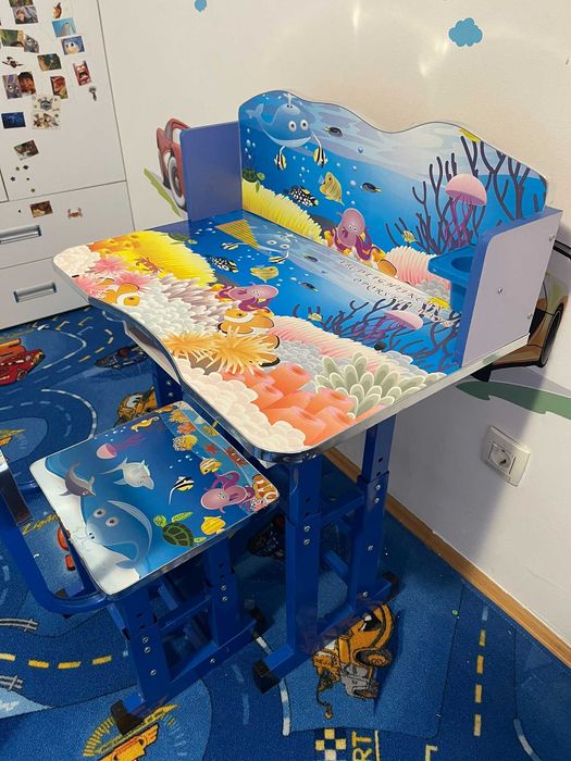 Set birou copii AJUSTABIL cu scaun, metal si MDF imprimat, Albastru