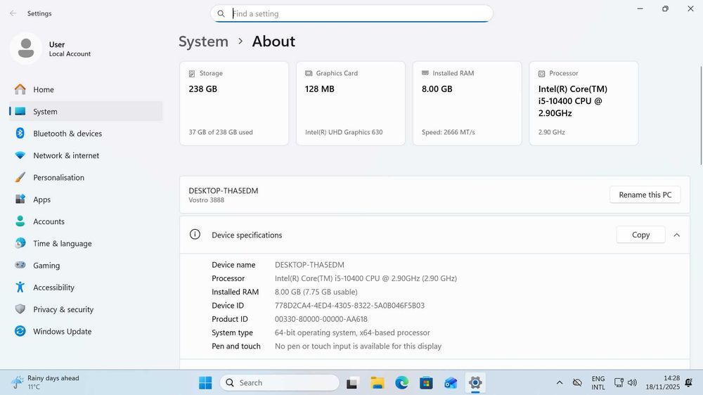 DELL Vostro 3888 - i5 10400 - 8GB RAM - 250GB nVME - Windows 11 Pro
