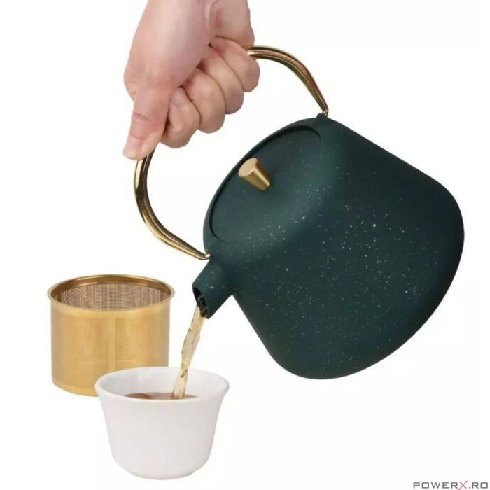 Ceainic din fonta cu strecuratoare, interior emailat, 1l, verde cu