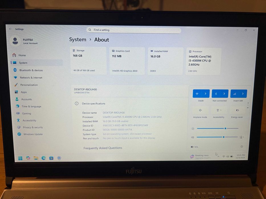 Laptop Fujitsu Lifebook E754, I5, 16GB RAM, 180GB SSD