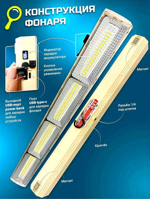 Фонарик прожектор аккумуляторная 100вт, 7500мач, + powerbank