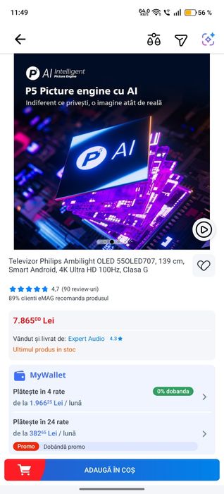 Televizor Philips Ambilight OLED 55OLED707, 139 cm, Smart Android, 4K