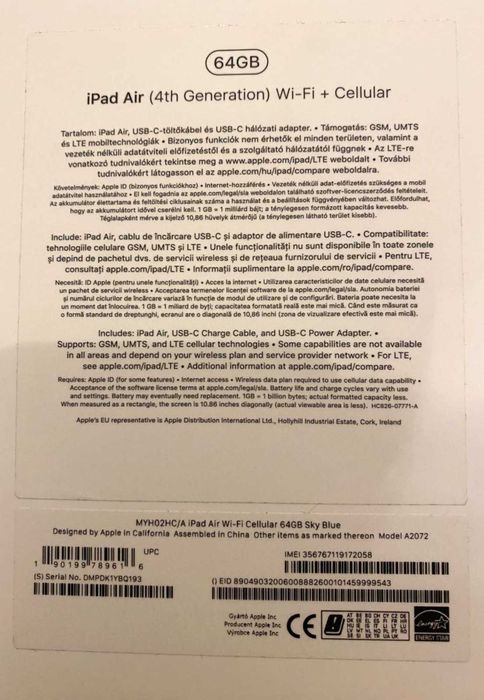 Apple iPad Air 4, 10.9", 64GB, WiFi + Cellular, Sky Blue