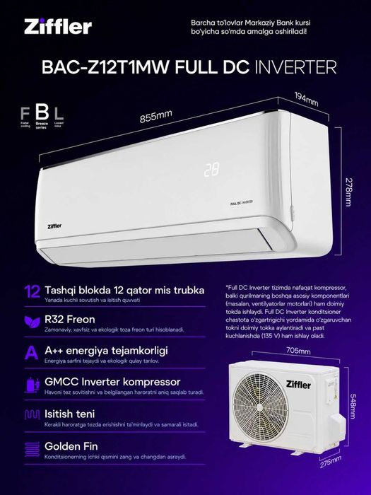 Кондиционер Ziffler 12 BTU Inverter R32 A++: 250 у.е. - Konditsionerlar Toshkent на Olx