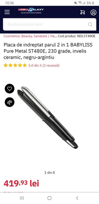 Placă de păr Babyliss 2 in 1 Pure Metal