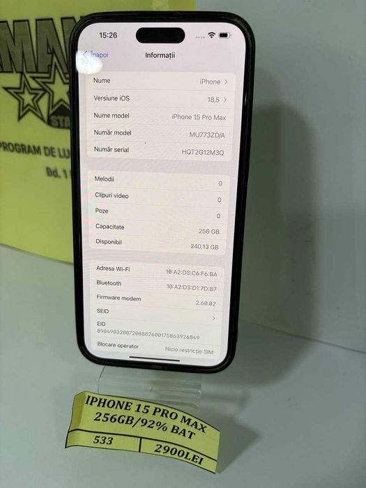 IPhone 15 pro max 256gb 92% bat (ctg)