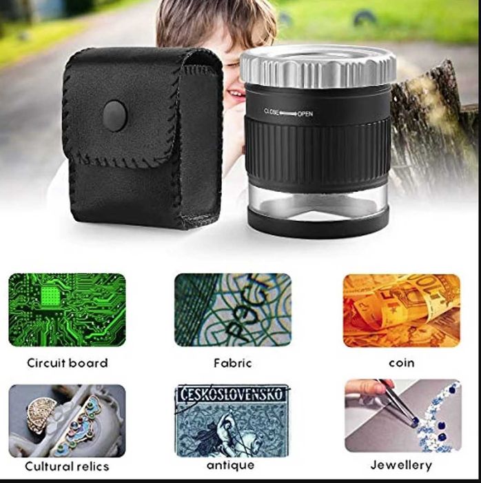 Регулируема фокусна лупа. Увеличително стъкло с LED UV светлина