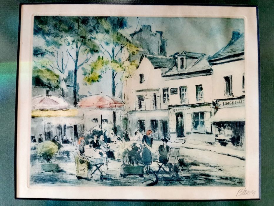 Картина френско изкуство офорт градски пейзаж Париж подпис Марсел Баро