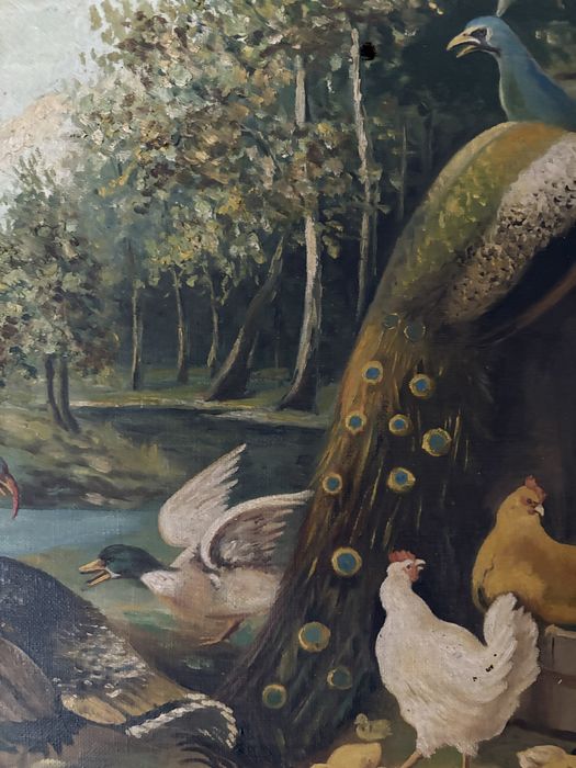 Tablou Vechi Pictură în Ulei pe Pânză Scena de Curte Paun Rama Baroca