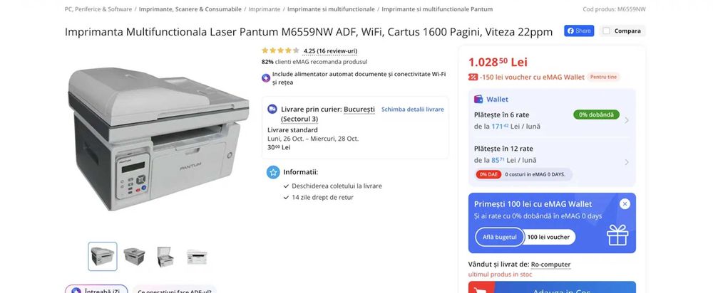 Imprimantă multifuncțională laser Pantum M6559NW – WiFi, ADF, toner nou