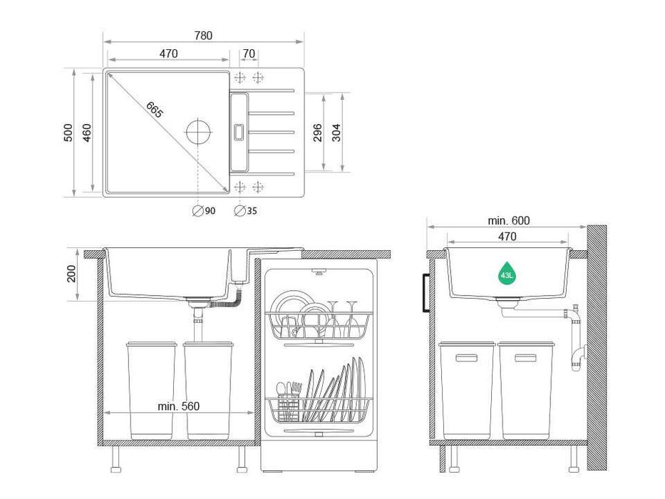 Графит кухненска мивка от гранит Копенхаген 780x500 SmartSpace Top 60