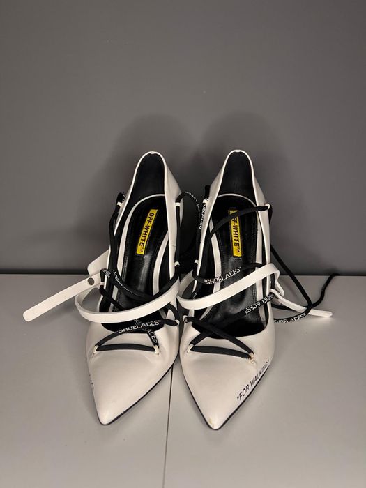Off White Leather Pumps With Logoed Laces 12cm