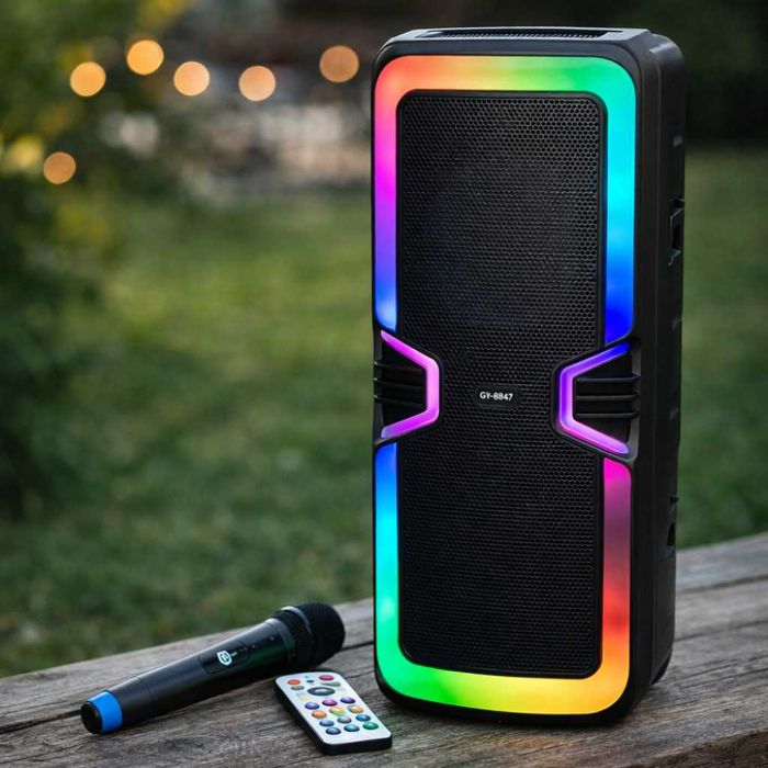 Активна Караоке Тонколона 2х8 инча с Безжичен Микрофон и RGB светлини