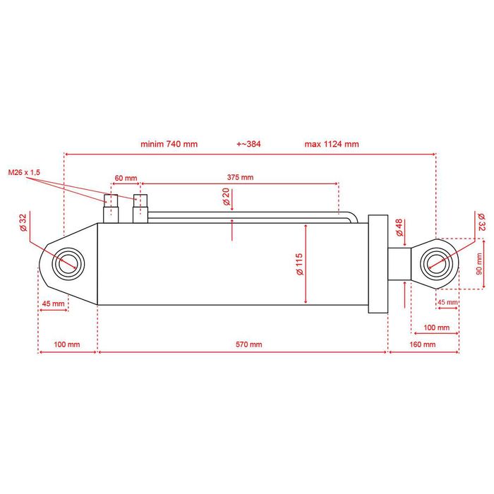 Cilindru hidraulic spate pentru lama si sapa 90x115x48x740x570x384mm pentru tractor taf