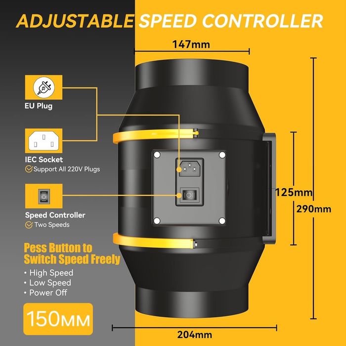 Ф100, Ф125, Ф150 Канален/ тръбен вентилатор, двускоростен с до 530 м³ч