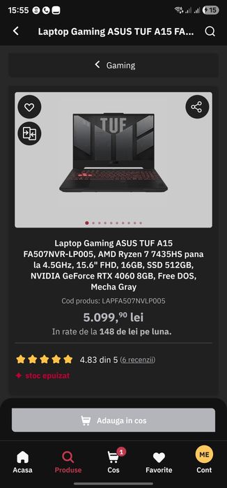 Laptop Gaming ASUS TUF A15, R7 7435HS, 16GB DDR5, SSD 512, RTX 4060