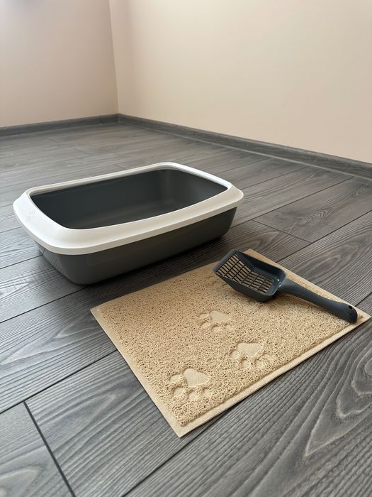 Отворена котешка тоалетна за котки с лопатка и килимче