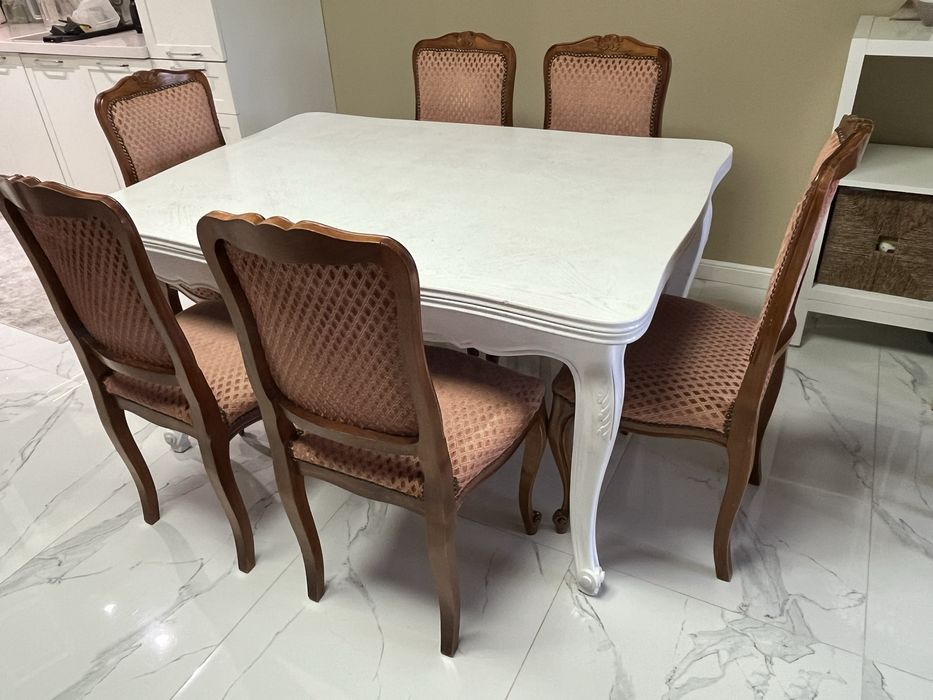 Античен комплект маса и 6 стола - стил Луи XV масивно дърво , Франция