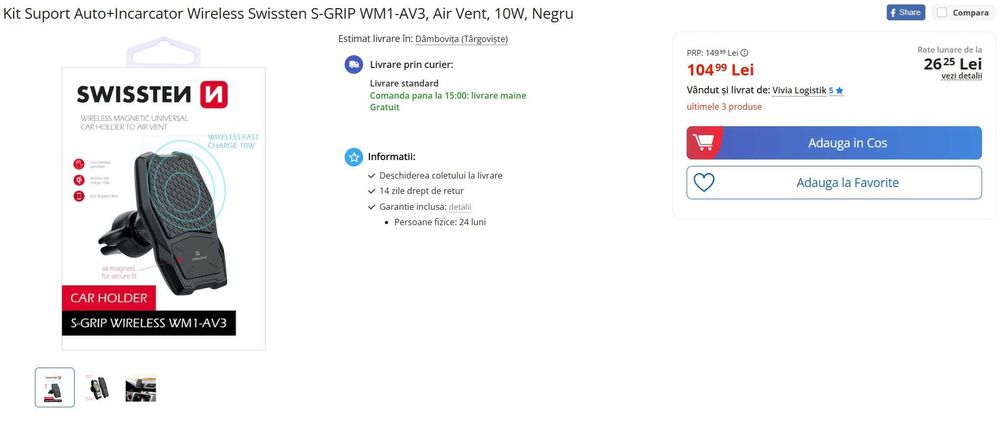 Kit Suport Auto+Incarcator Wireless Swissten S-GRIP, Air Vent 10W, nou