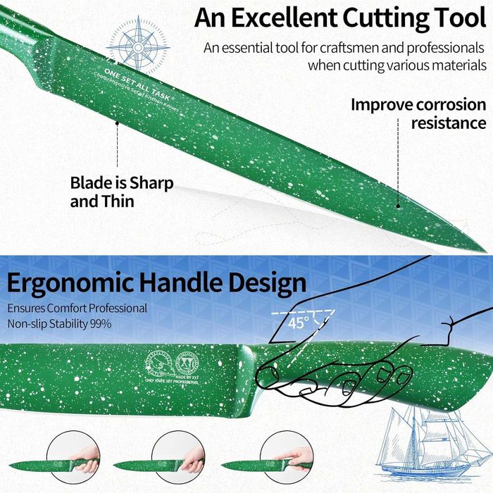 Комплект кухненски ножове с поставка неръждаема стомана, зелени