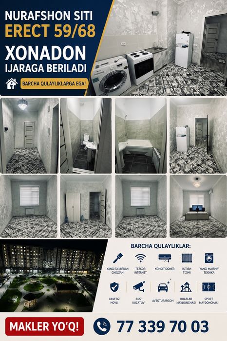 Toshkent viloyati Nurafshon shaxridan 2 xonali kvartira ijaraga berila